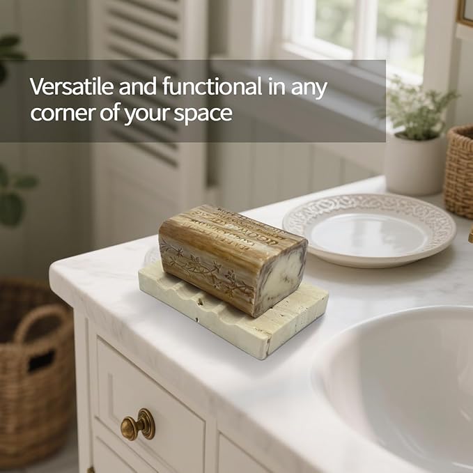 Real Travertine Marble Soap Dish for Shower Stone Tray Small Bar Soap Holder with Self Draining | Non-Slip, Luxury Bath Room Accessories (Beige)