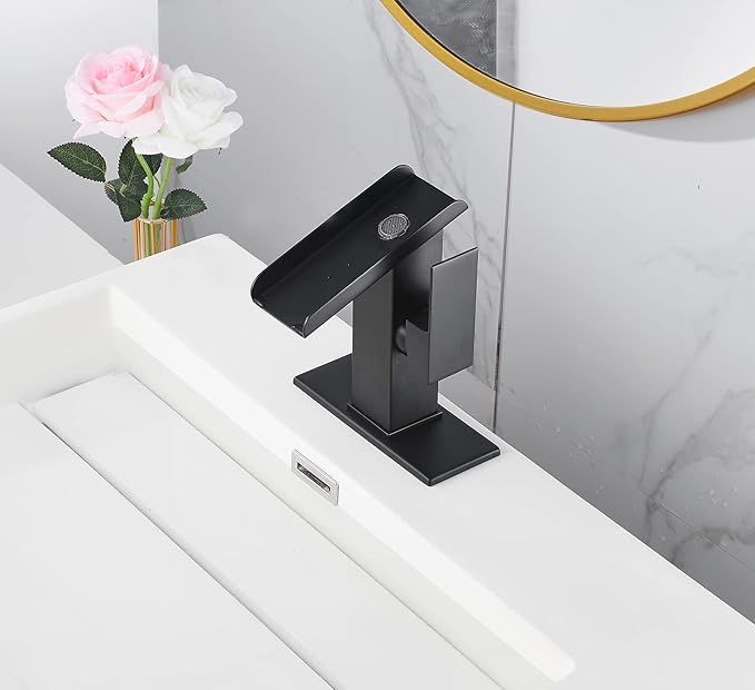 Bathroom Sink Led Faucet Waterfall Spout Black RGB 3 Colors Changing Temperature Lavatory Vanity Sink Faucet One Hole Handle Modern Washbasin Tap with Lights Deck Mount Commercial