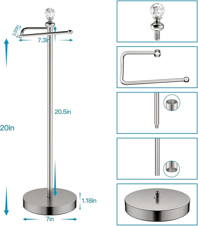 Toilet Paper Holder Stand with Crystal Head, Brushed Nickel Toilet Paper Holder Free Standing 24.4" H, Stand Up Toilet Paper Roll Holder for Bathroom, Floor Toilet Paper Storage