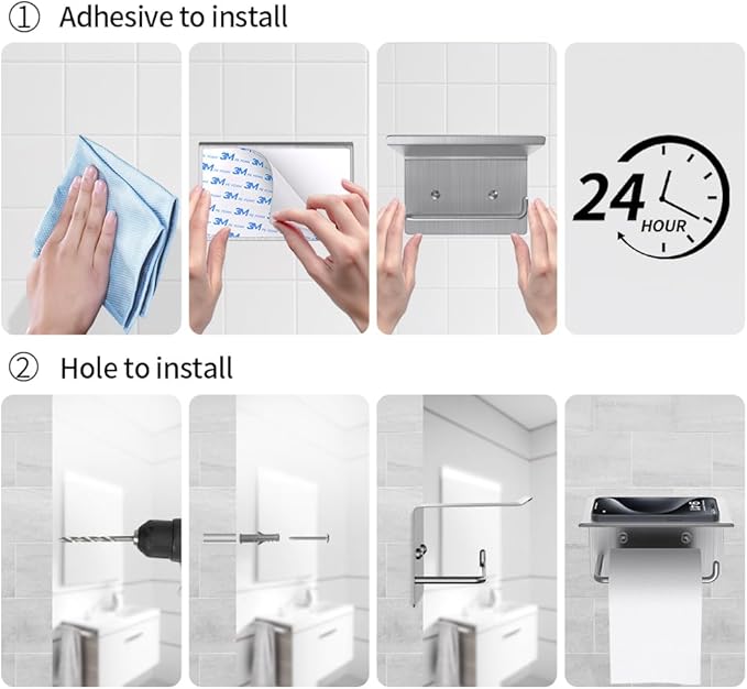 Toilet Paper Holder with Shelf, RV Camper Paper Holder Adhesive and Drilling Wall Mount, Matte Black Stainless Steel SUS304 for Bathroom, Brushed Nickel