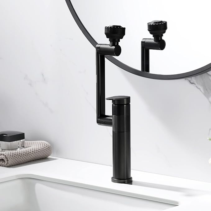 Black Bathroom Faucet 1080 Degree Swivel Lavatory Basin Sink Faucet 1 Handle Big Angle Spray Aerator Spout Extender Universal Rotating Splash Filter 2 Water Outlet Modes