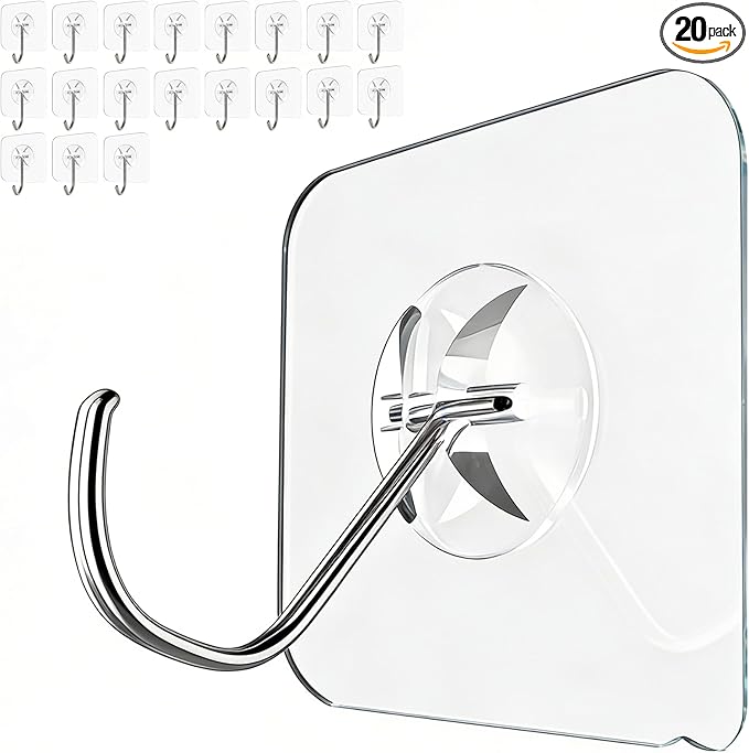 Heavy Duty Adhesive Hooks 20-Pack: Holds 22lb, Strong Reusable & Waterproof Wall Hooks for Kitchen, Bathroom, Office - No Drilling, No Residue