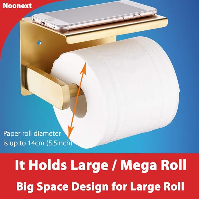 Adhesive Toilet Paper Holder with Shelf, SUS304 Stainless Steel Toilet Paper Roll Holder, Brushed Gold, No Drilling or Wall-Mounted with Screws