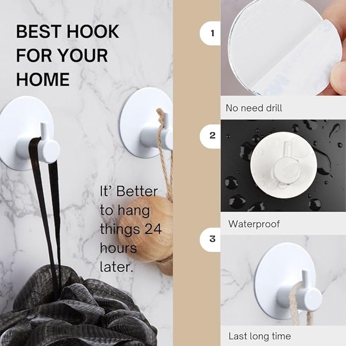 Miliocry 6 Packs Bathroom Towel Hooks, Adhesive Hooks Heavy Duty Wall Hook, Waterproof Stainless Steel Towel Hanger Robe Hat Coat Holder, Wall Mount Hooks for Bathroom,Bedroom,Kitchen (White-Round)