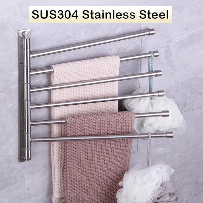 Swivel Towel Bar 6-Arm Bathroom Towel Holder Wall-Mounted Swing Out Towel Rack with Hooks Rustproof Brushed Finish