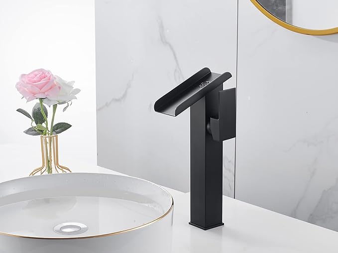 Bathroom Vessel LED Faucet 3 Color Changing Light Waterfall Single Handle One Hole Bowl Sink Faucet Vanity Lavatory Deck Mount Mixer Tap Tall Body Modern Restroom 1 Hole Supply Lines