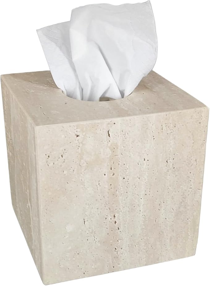 Natural Travertine Marble Tissue Box Cover, Stone Square Pumping Paper, Roll Toilet Paper Holder for Living Room, Bathroom, Kitchen and Home Decor