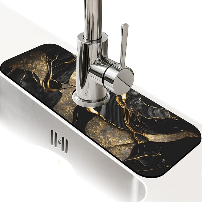 Kitchen Sink Splash Guard，Black and metallic gold marble Faucet Mat Sink Gadgets-Super Absorbent Fast Drying Mat Drip Catcher for Kitchen, Bathroom,Sink Mat, Dish Drying Mat, Bathroom(15" X 5.5" )