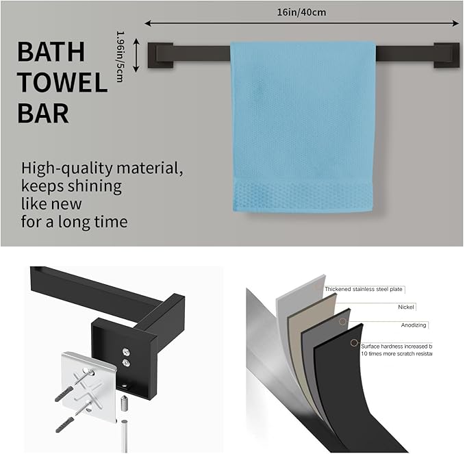 10-Pieces Matte Black Bathroom Accessories Set, 16 Inch Bath Towel Bar Set, SUS 304 Stainless Steel Bathroom Hardware Set, Towel Racks for Bathroom Wall Mounted