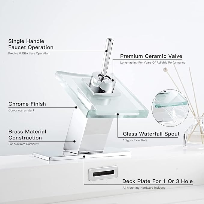 Bathroom Sink Faucet Waterfall Glass Spout Single Handle Chrome Bathroom Faucet One Hole Modern Lavatory Vanity Basin Sink Mixer Tap with Hole Cover Plate Deck Mount