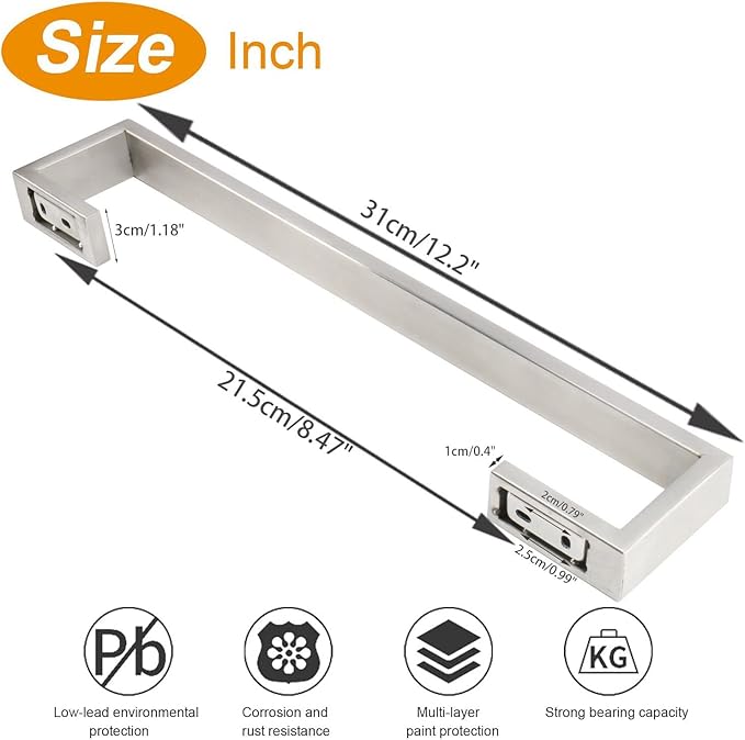TocTen Bath Towel Rack - 2 Pack Square Base Thicken SUS304 Stainless Steel Towel Bar for Bathroom, Bathroom Bar Accessories Towel Rod Heavy Duty Wall Mounted Towel Holder(Brushed Nickel, 12 Inch)