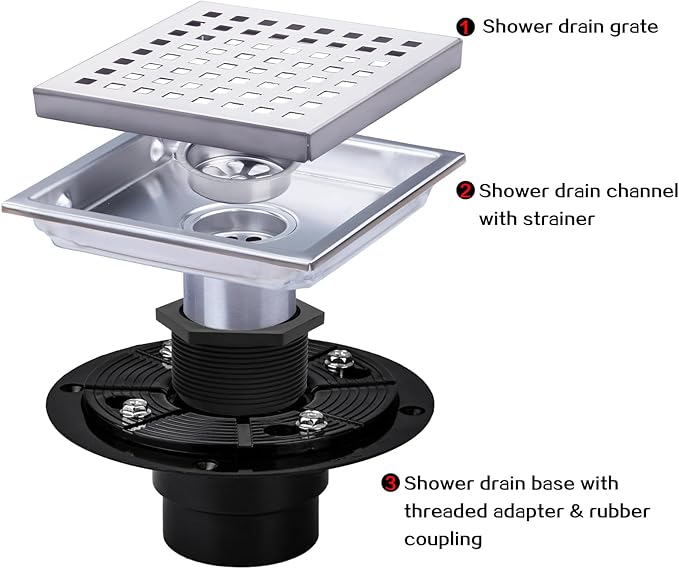 SaniteModar Shower Drain, 6 inch Shower Floor Square Drain with Flange, Removeable Grid Panel SUS 304 Stainless Steel Square Shower Drain, Silver