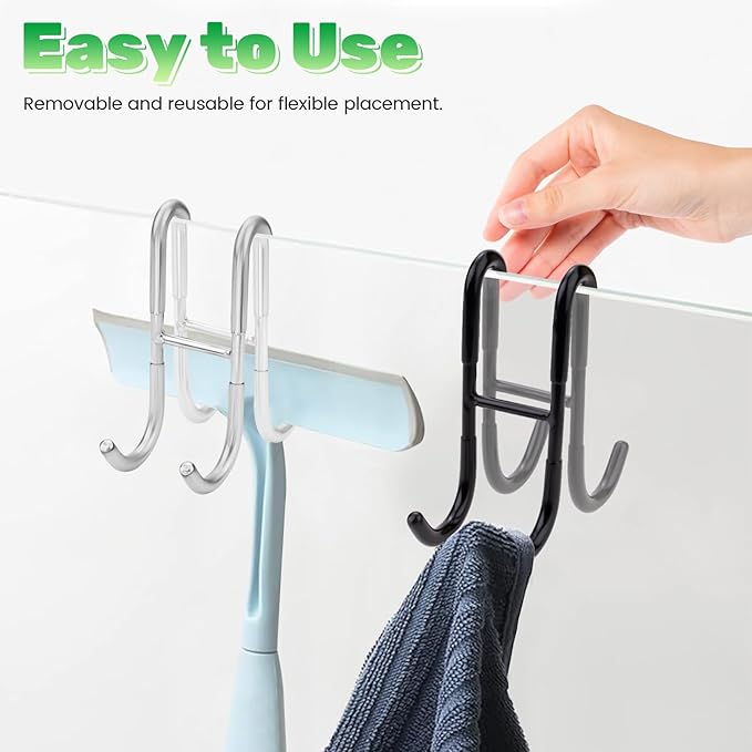 2 Pack Double-Sided Towel Hooks for Shower Door, 304 Stainless Steel, Over Bathroom Frameless Glass Door Rack Hooks for Loofah Robe Shaver, Silver