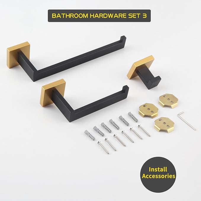 GERZWY Bathroom Hardware Accessories Sets Stainless Steel 3-Pieces - Robe Hook Toilet Paper Holder Towel Ring (Black & Gold) FG16567-3BD