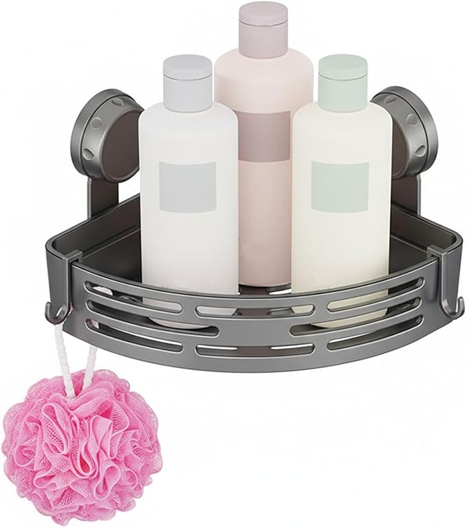 Suction Cup Corner Shower Caddy - Rust Proof Bathroom Shelf - No Drill Removable Storage Rack with Hooks for Suite Dorm, RV & Tile Walls (Gunmetal Grey, 1PCS)
