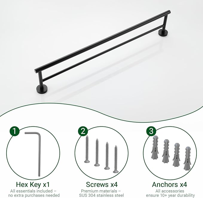 Miyili Double Bath Towel Bar 30-Inch Matte Black Stainless Steel Hand Towel Rack for Bathroom Wall Mount, A01B75B