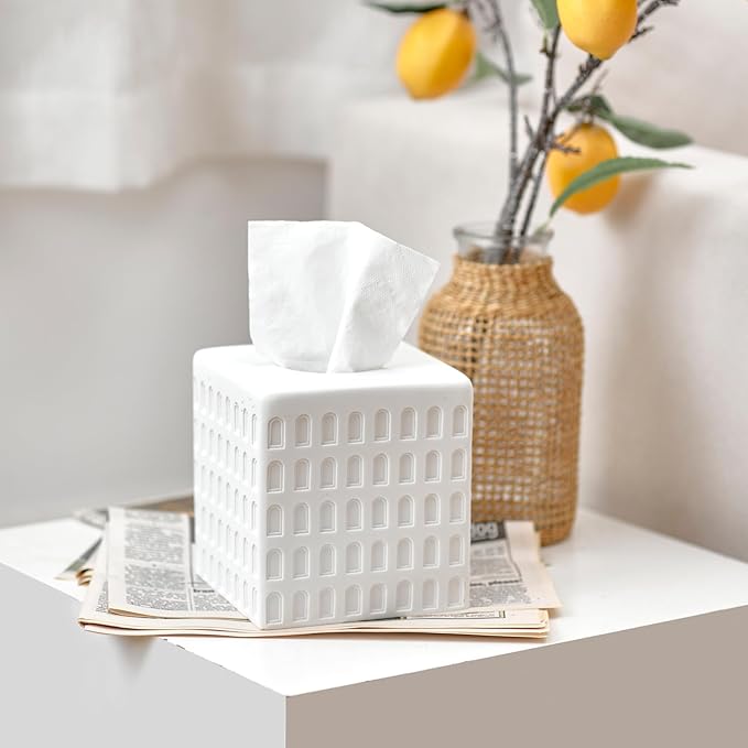 Colosseum Tissue Box Cover,Square Tissue Box Holder for Home Decor,Bathroom Countertop,Tabletop,Bedside Table,Office - Marble White