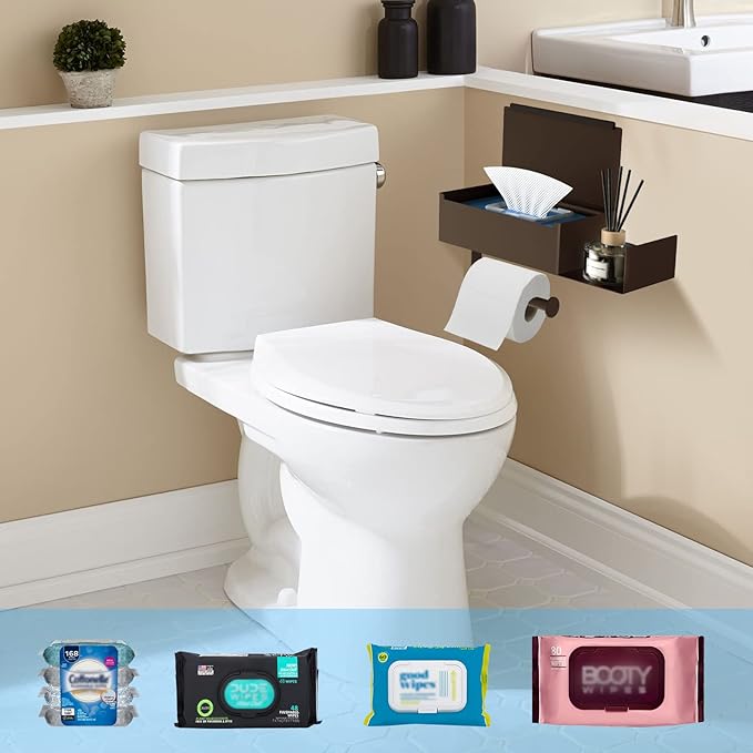 Toilet Paper Holder with Shelf, FUNLEU Flushable Wipes Dispenser for Bathroom, Self Adhesive Toilet Paper Holder with Storage - Stainless Steel Toilet Holder Keep Wipes Hidden Out of Sight, Bronze
