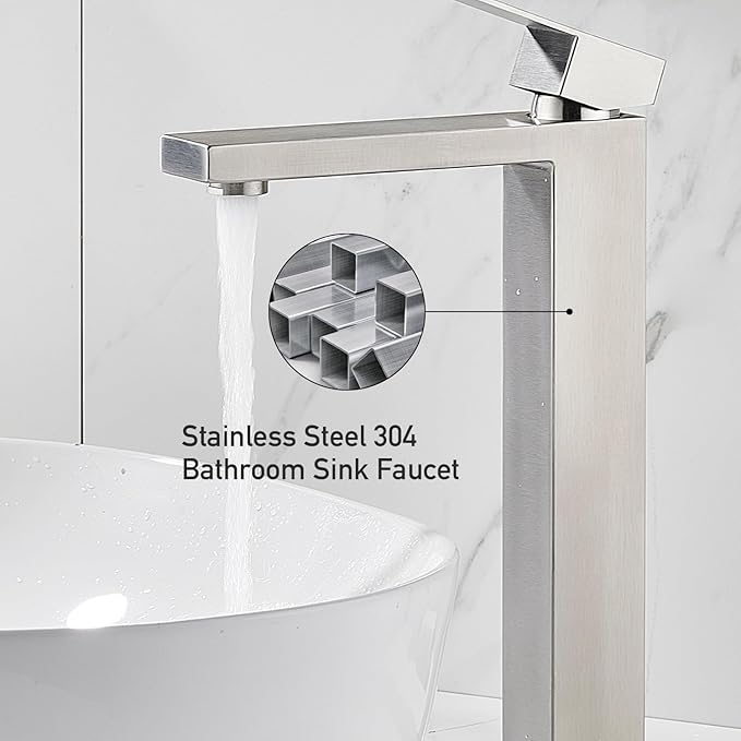 Vessel Sink Faucet, Brushed Nickel 1 Hole Single Handle Tall Bathroom Vanity Faucets, Modern Utility Rv Laundry Bath Restroom Mixer Tap with Metal Pop Up Drain and 2 Water Supply Lines