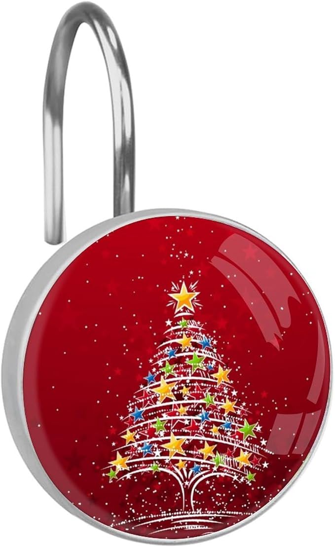 Christmas Tree Shower Curtain Hooks 12 Pcs, Rust Proof Glass Surface Stainless Steel Curtain Rings for Bathroom Bedroom Living Room Kitchen Home Shower Rods Decor