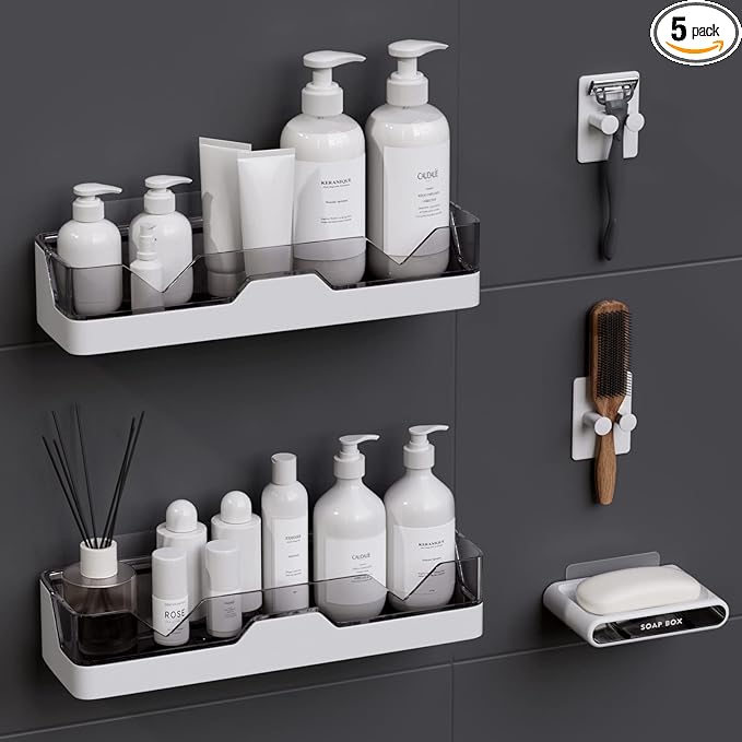 2-Pack Shower Caddy, Adhesive Shower Shelves with Soap Holder and 2 Razor hooks, No Drilling Shower Racks, Used for Bathroom and Kitchen