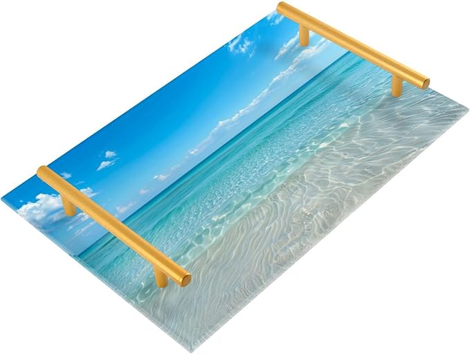 Blue Ocean Vanity Tray Acrylic Bathroom Countertop Tray Ocean Decorative for Kitchen Desk Organizer Makeup Storage Tray