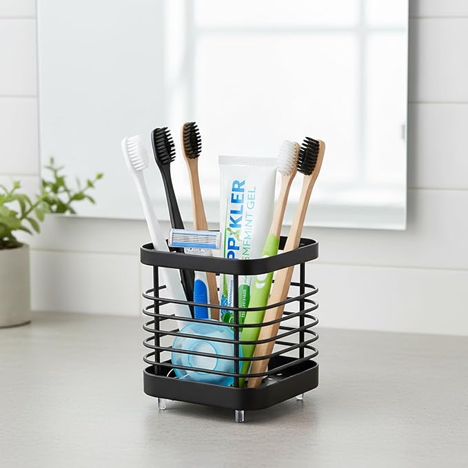 Toothbrush Holder for Bathrooms,Modern Stainless Steel Toothbrush and Toothpaste Stand with Grid Design,Family Size Tooth Brushing Organizer, Black