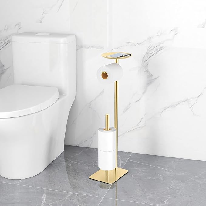 Toilet Paper Holder Stand for Bathroom Floor Standing Toilet Roll Dispenser Storages 4 Reserve Rolls, with Top Storage Shelf for Cell Phones, Wipe, Wallet and More(Gold)