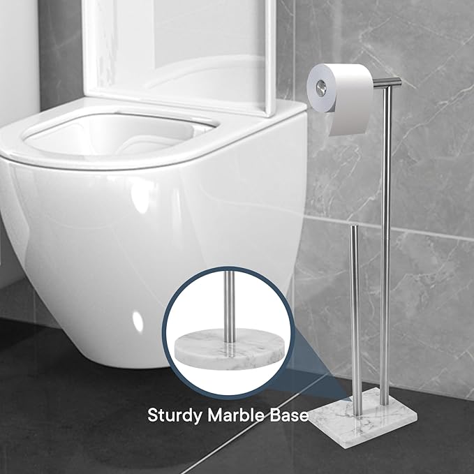 Toilet Paper Holder Stand with Weighted Natural Marble Base, Bathroom Free Standing Toilet Paper Roll Holder with Reserve, Standing Toilet Tissue Holder with Storage (Brushed Nickel, with Storage)