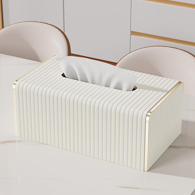 Tissue Box Cover,White Rectangle Leather Tissue Box Holder with Gold-Tone Edging Decoration,Decorative Tissue Cover for Bathroom Toilet Bedroom Living Room Table Desk Office (White, Rectangle)