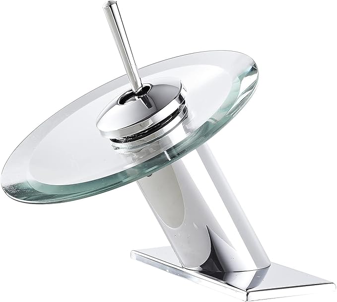Bathroom Faucet Chrome Waterfall Glass Spout Single Handle One Hole Bath Sink Faucet Vanity Lavatory Basin Mixer Tap with Cover Plate Deck Mount Commercial