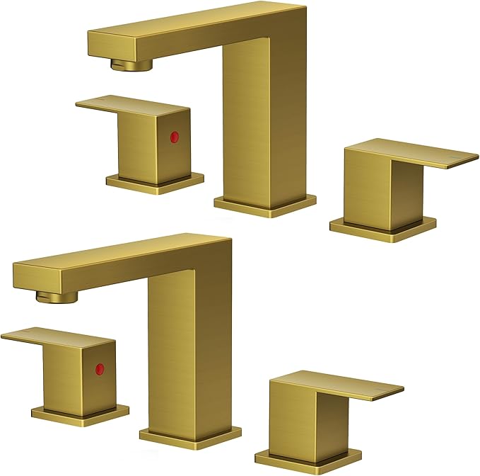 FORIOUS 2 Pack Gold Bathroom Faucet 3 Hole, Square 2 Handle 8 in Widespread Brushed Gold Bathroom Sink Faucet 3 Hole with Metal Drain, 24" CUPC Supply Lines and Spare Aerator