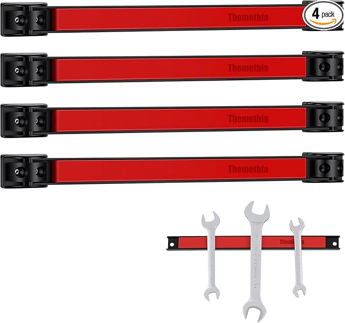 12" Magnetic Tool Holder Strip, 4 Pieces Red Metal Tool Organizer Rack with Stainless Steel Surface, Magnet Bar for Garage Workshop, Easy To Install with Mounting Screws