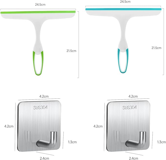2Pcs 10 Inch Shower Squeegee and 2Pcs Stainless Steel Adhesive Hooks, Streak Free Glass Window & Bathroom Door Mirror Squeegee Household Cleaning Tool, Plastic Water Wiper for Car Windshield Cleaning