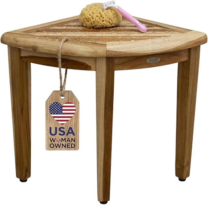 EcoDecors SnazzyCorner Waterproof Teak Wood Shower Bench Stool Seat Chair For Inside Shower Provides Safety, Storage, and Organization For Bathroom Accessories