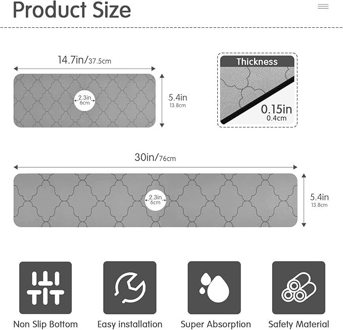 Kitchen Sink Splash Guard 2 PCS 14.7 Inch Sink Faucet Mat Splash Guard for Bathroom Countertop Water Absorbent Foldable Cuttable Soft Washable Monochrome Geometric Quatrefoil Grey
