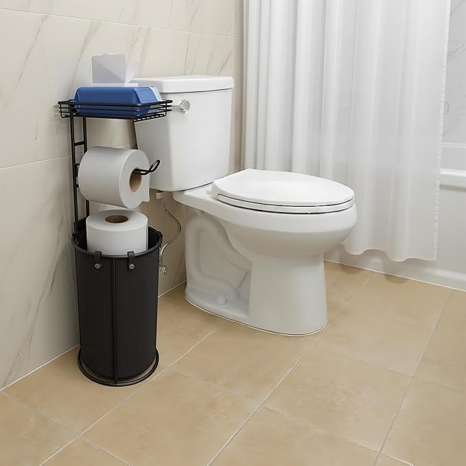 Free Standing Toilet Paper Holder with Storage - Bathroom Toilet Tissue Holder with Waterproof Organizer Bag, Rustproof Metal Toilet Paper Roll Holder with Shelf for Wipes & Phone, Black