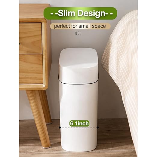 14 Litre Trash Can with Press Top Lid, 3.7 Gallons Plastic Garbage Bin, Slim Wastebasket for Bathroom, Kitchen, Toilet, Office, Room, Bedroom, White lid Without Brush
