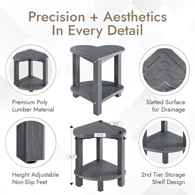 UHA Corner Shower Stool for Inside Shower - Waterproof Corner Shower Bench, HDPE Plastic Bathroom Bench, Adjustable Height Corner Chair for Shaving Legs,Storage Shelf,Non-Slip Feet， Gray