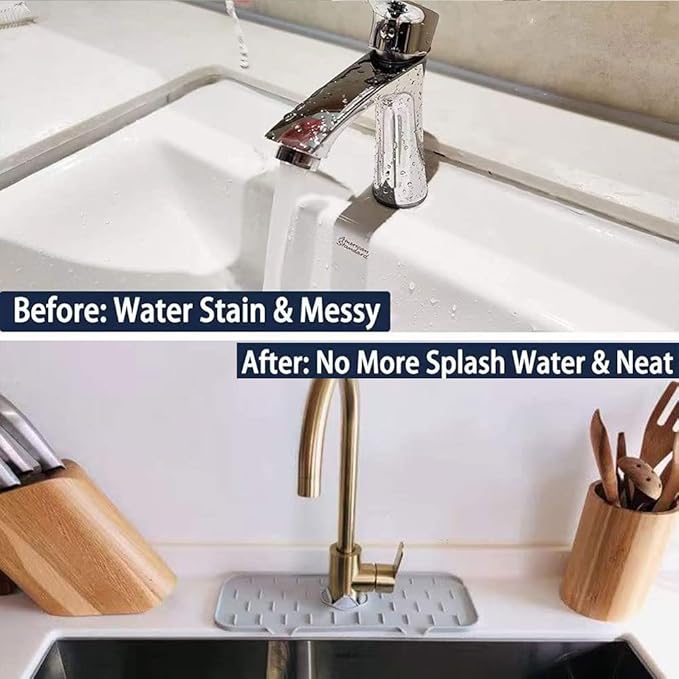 Silicone Faucet Sink Mat Sink Splash Guard, Sink Drain Pad Behind Faucet, Bathroom Drip Protector Splashback Countertop Protection Faucet Handle drip Catcher (Grey 2pcs)