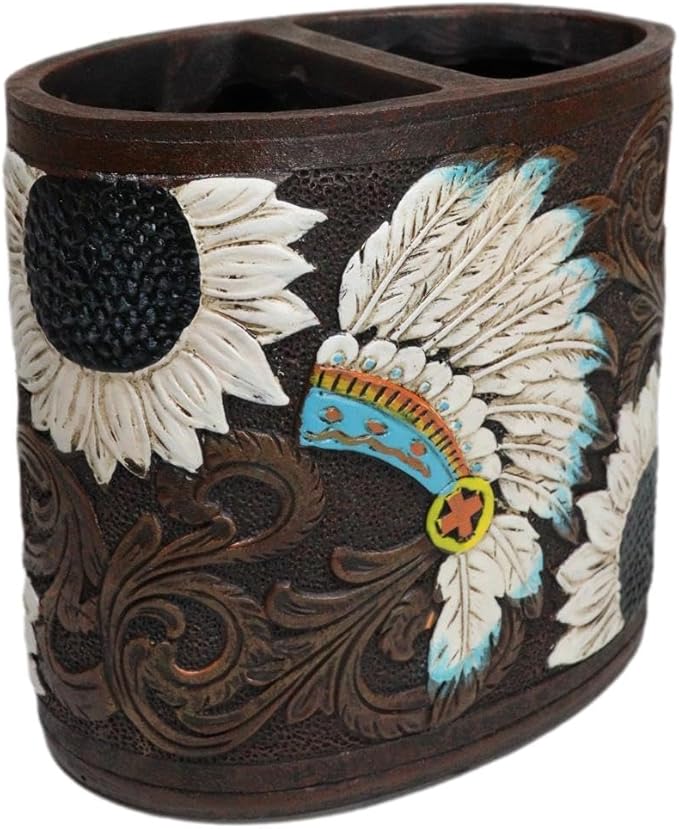 Ebros Gift Southwestern Native American Indian Chief Headdress Eagle Feathers with Scrollwork Toothbrush and Toothpaste Holder Bathroom Vanity Accent Decor Accessories