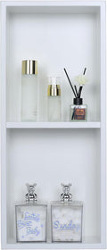 Narrow Shower Niche for Tiny Shower Room Storage, Insert Tile Ready, Double Shelves, Stainless Steel,(White, 24 * 8 in)
