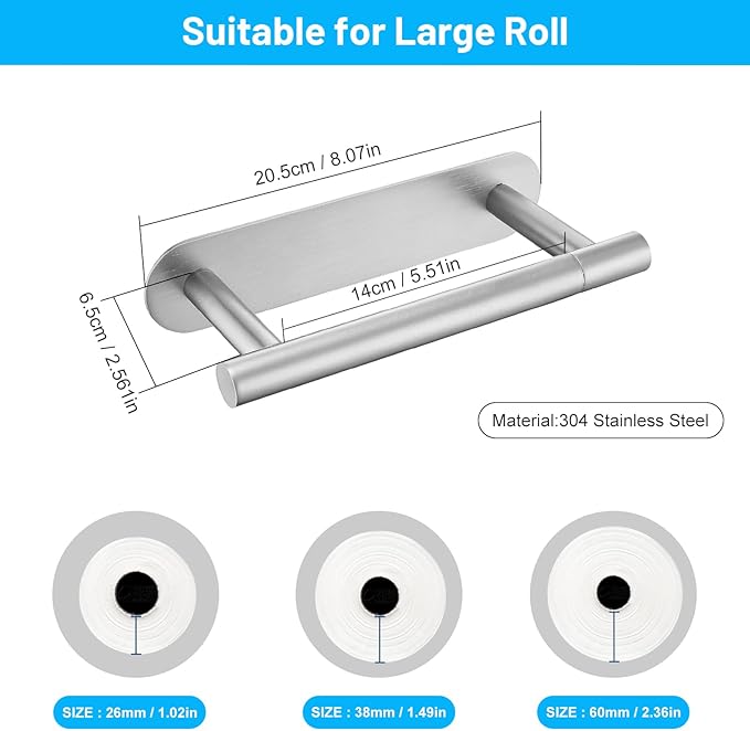 2 Pieces Self Adhesive Brushed Nickel Toilet Paper Holder, Commercial Toilet Paper Dispenser Toilet Roll Holder, Double Base Paper Towel Holder Wall Mount No Drilling for Bathroom, Kitchen