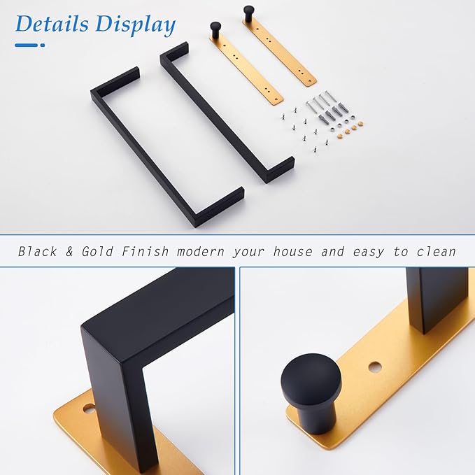 16 Inch Double Towel Bar with Hooks Black & Gold, Wall Mounted Towel Holder for Kitchen Bathroom, Stainless Steel Towel Rack