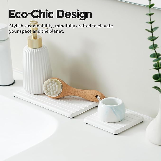 Diatomaceous Earth Sink Organizer Tray Set, 3-Pack Fast Drying Water Absorbing Stone Soap Holder Caddy for Kitchen & Bathroom Counter, Faucet Splash Guard, White (1pc of 8"x3.8" + 2pcs of 3.8"x3.8")