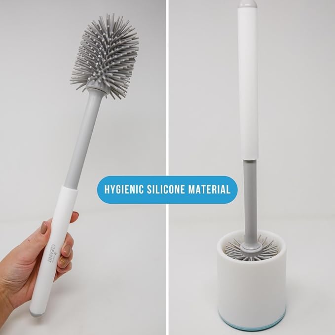 Don Aslett Silicone Toilet Bowl Brush Set (Gray) Includes Slim Brush Holder, Sturdy Handle, & 2 Replacement Heads with Durable Silicone Bristles | Easy to Clean & Compact Toilet Scrubber for Bathroom