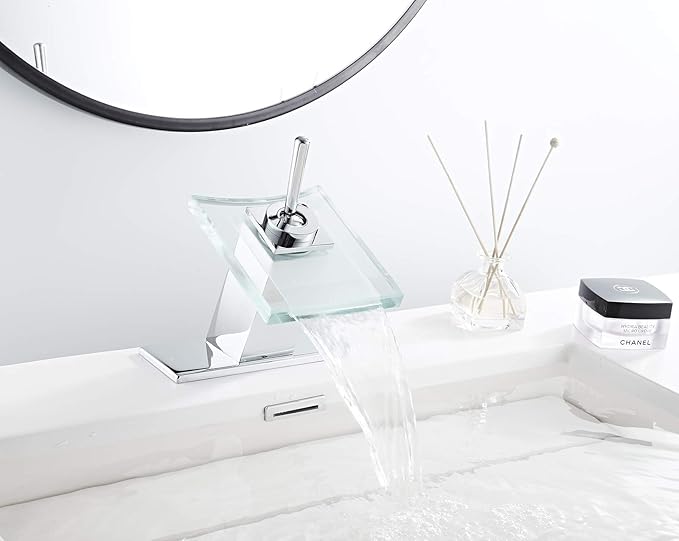 Bathroom Sink Faucet Waterfall Glass Spout Single Handle Chrome Bathroom Faucet One Hole Modern Lavatory Vanity Basin Sink Mixer Tap with Hole Cover Plate Deck Mount