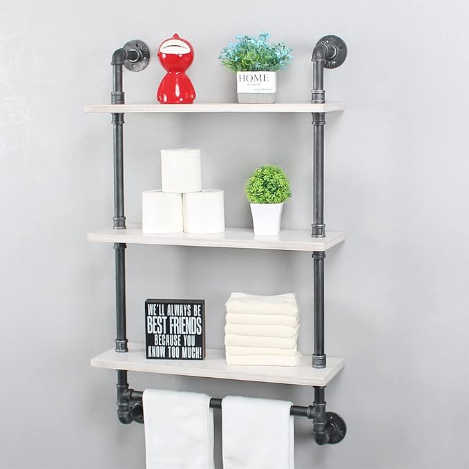 MBQQ Industrial Shelving,Bathroom Shelves with Towel bar,24in Rustic Metal Pipe Floating Shelves Pipe Wall Shelf,3 Tier Industrial Shelf Wall Mounted,Retro White