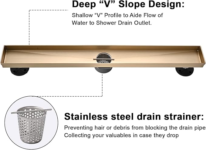 Linear Shower Floor Drain, Brushed Gold 32 Inch 304 Stainless Steel Bathroom Drains Kit, Rectangular Shower Trench Drain with Reversable Tile-in Pattern Drain Cover & Hair Catcher