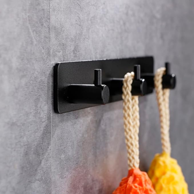 Adhesive Bathroom Black Hook Rail, 3 Matte Black Wall Key Hooks Rack Hanger Towel Robe Stick Door Hooks for Bathroom Toilet Entryway Hallway Kitchen Wall Mounted